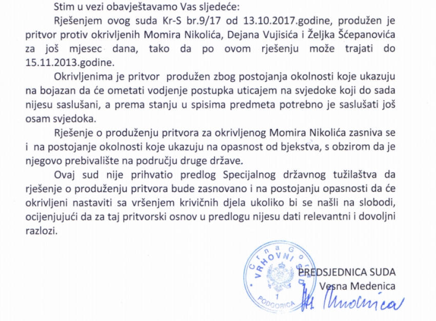 Slučaj &#8220;Medojević&#8221;: Vujisiću, Šćepanoviću i Nikoliću produžen pritvor još mjesec