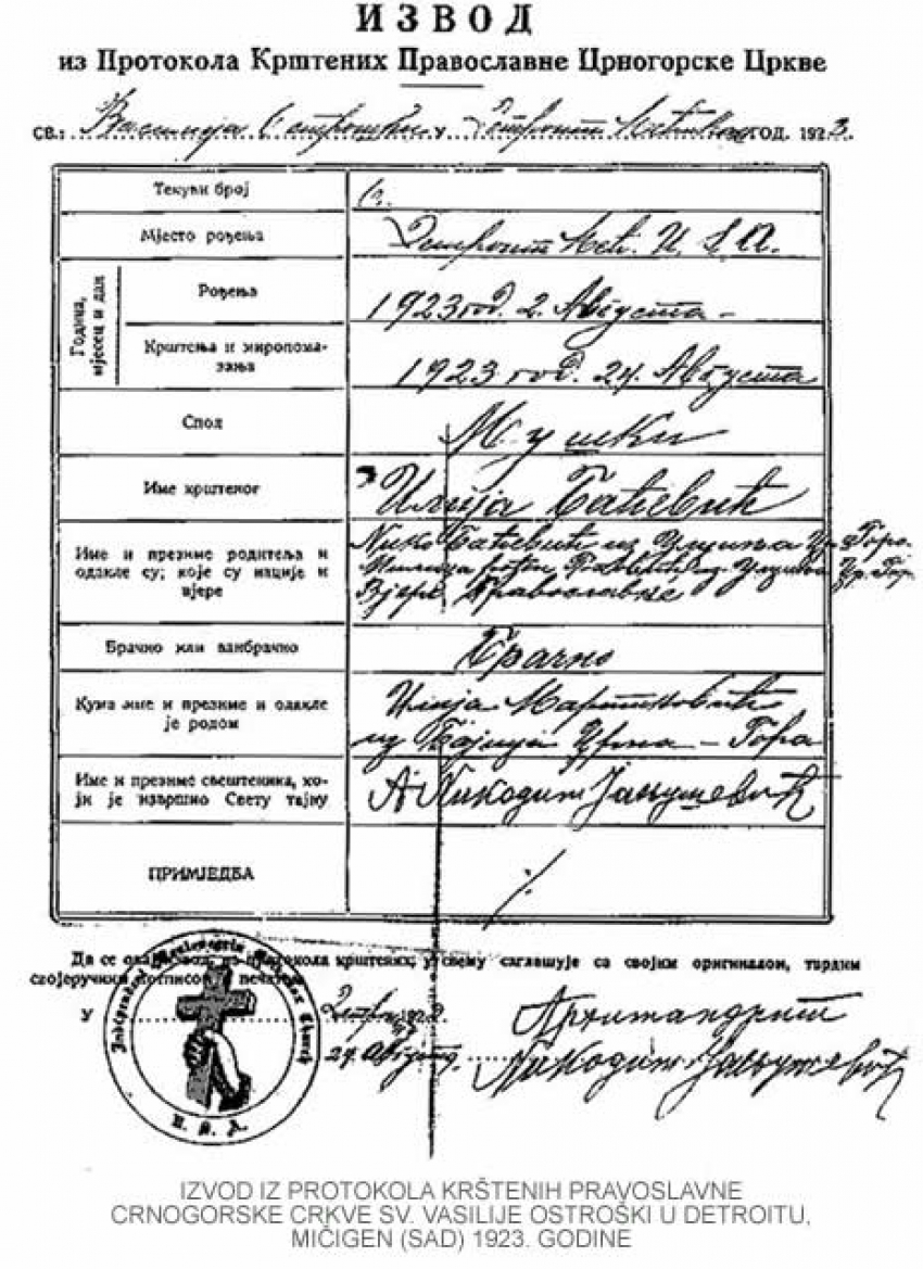 Ovo je krštenica Pravoslavne Crnogorske Crkve u SAD iz 1923. godine!