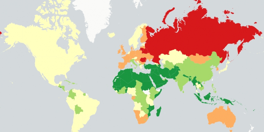 Šta mislite kako se kotiramo? Ovo je mapa zemalja u kojima se najviše i najmanje pije alkohol