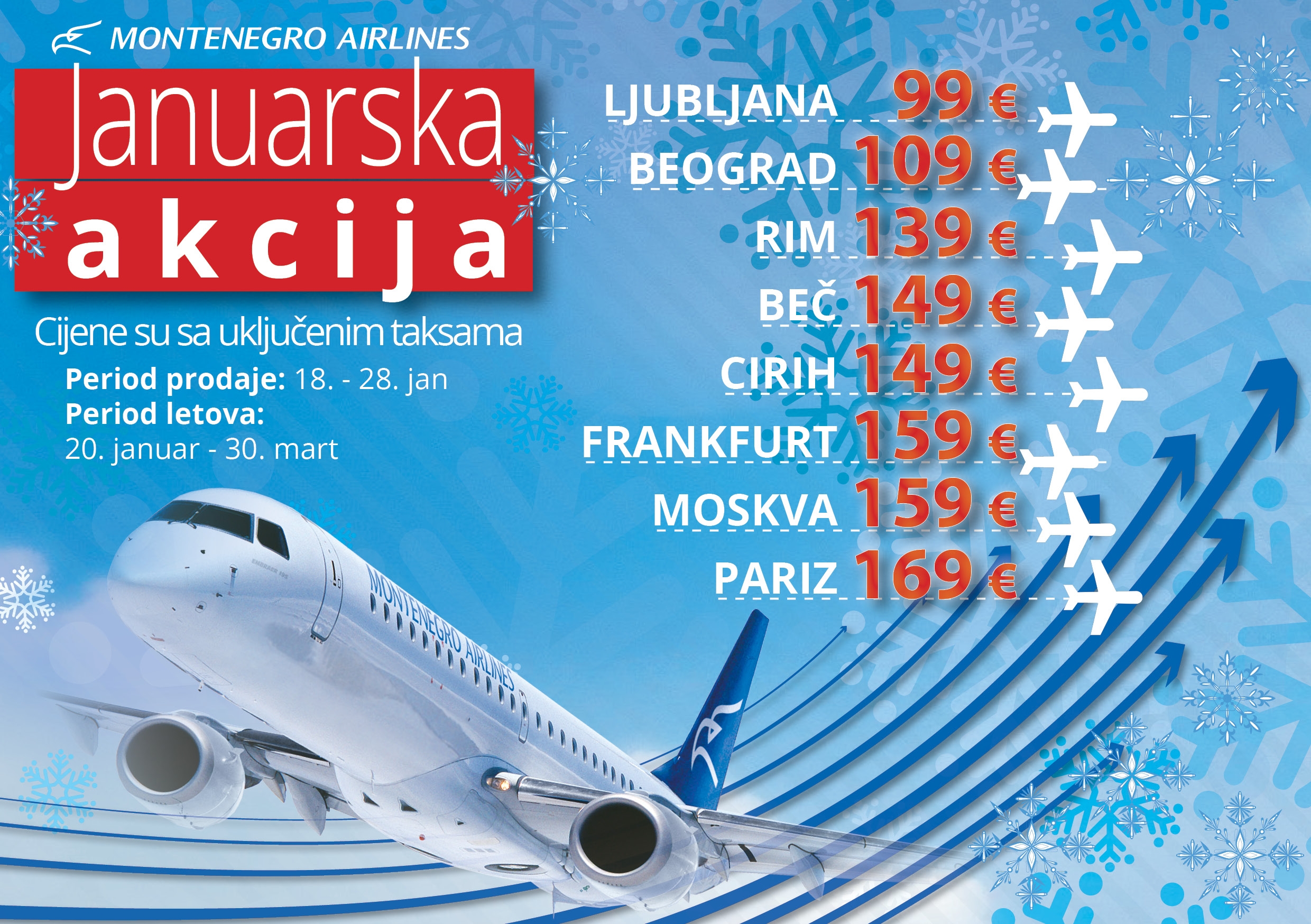 Januarska akcija u Montenegro Airlinesu: Najpovoljnije avio karte za letove do 30. marta
