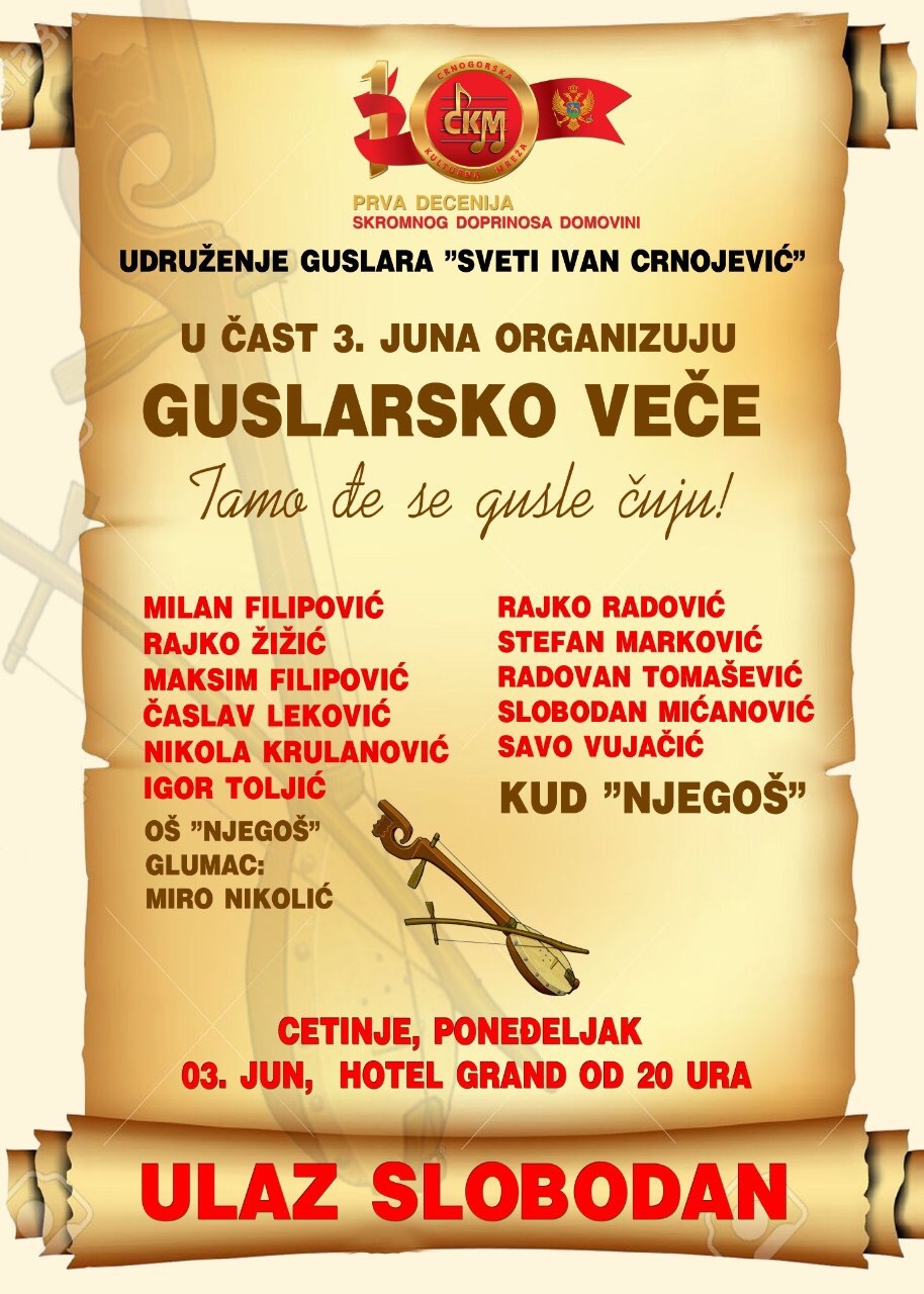 Guslarsko veče u čast 3. juna večeras na Cetinju: &#8220;Gusle kroz istoriju bile svetionik crnogorske slobode&#8221;
