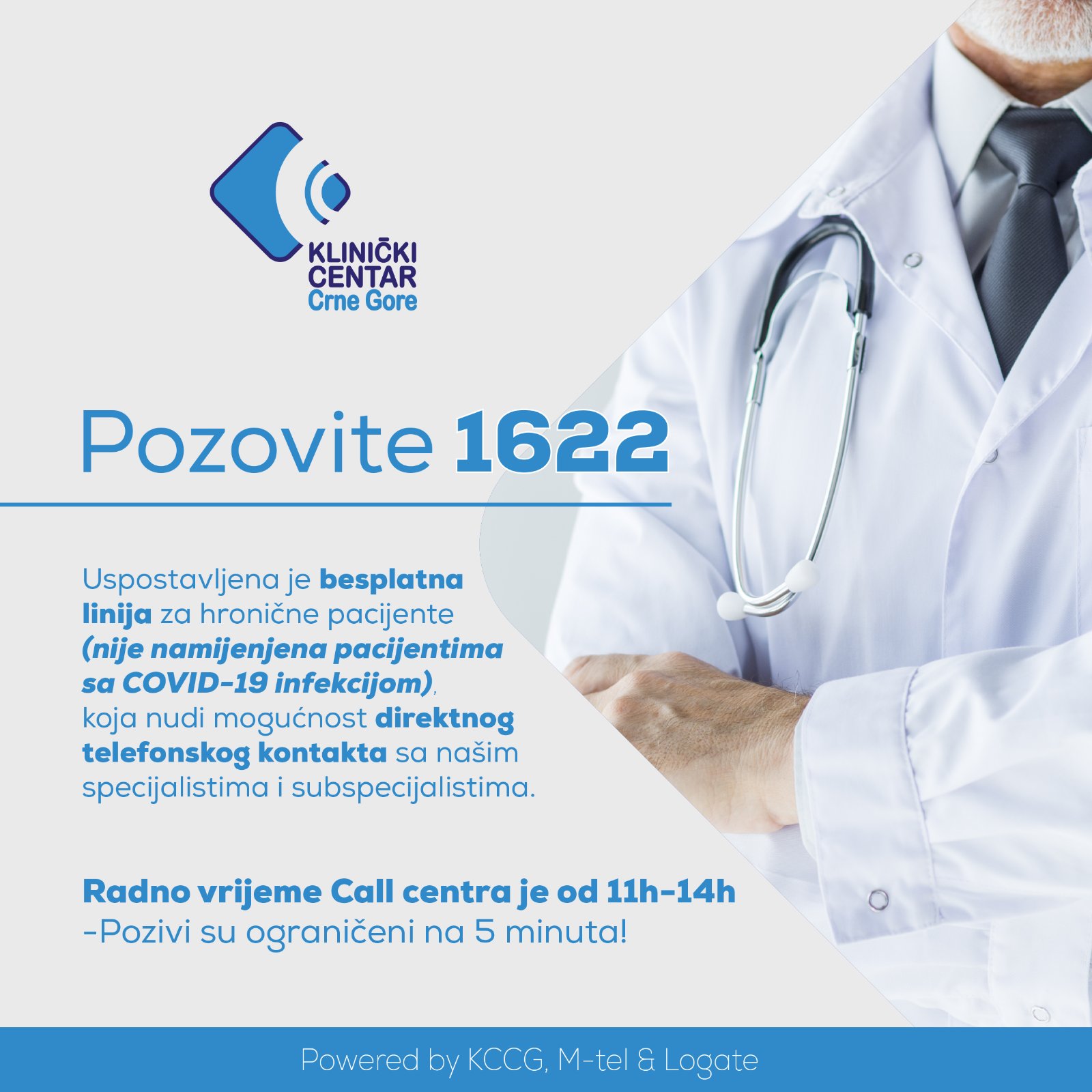 KCCG od sjutra uvodi besplatan Call centar 1622