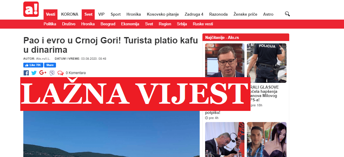 Lažne vijesti: &#8220;Pao i evro u Crnoj Gori! Turista platio kafu u dinarima&#8221;