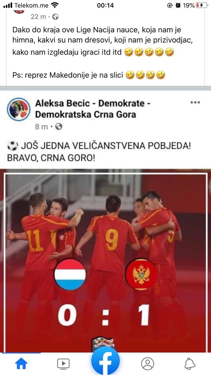 Demokrate čestitale pobjedu &#8220;Sokolima&#8221; uz fotografiju fudbalera Sjeverne Makedonije: &#8220;Dako do kraja Lige nacija nauče himnu&#8230;&#8221;