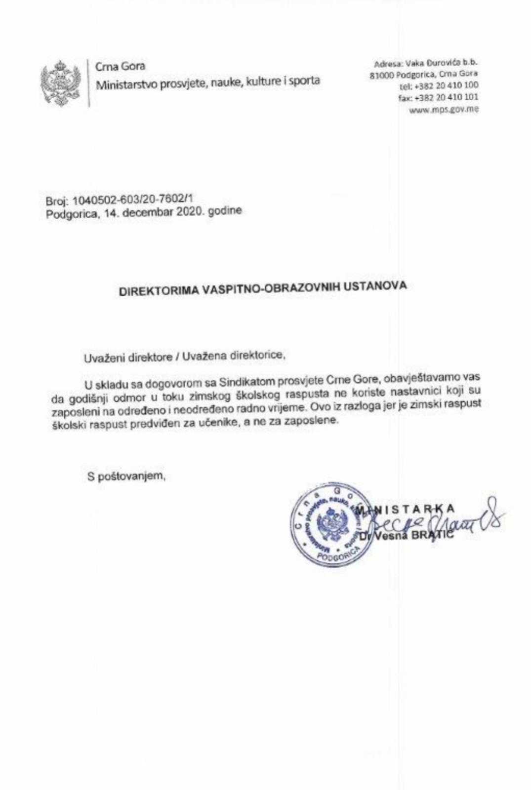 Bratić odlučila: Zimski raspust predviđen za učenike, ne za zaposlene