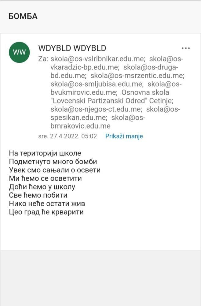 Mejlovi stigli na 41 adresu: Zbog dojava o bombama evakuisane škole u skoro svim gradovima