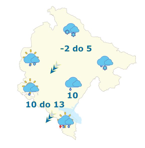 Sjutra umjereno do potpuno oblačno, mjestimično kiša