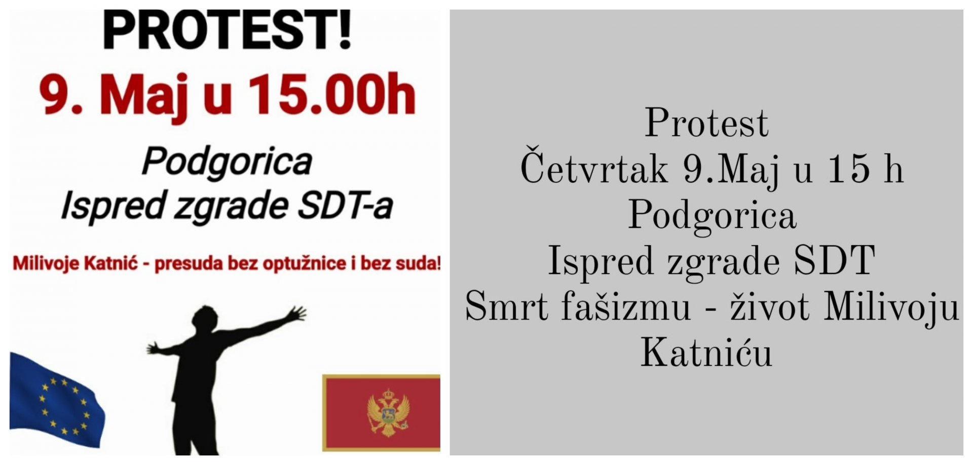 PROTEST ZBOG POLITIČKOG PROGONA I OSVETE: &#8220;Smrt fašizmu &#8211; sloboda Milivoju Katniću&#8221;, ispred SDT da se vrati vjera u pravdu i demokratiju