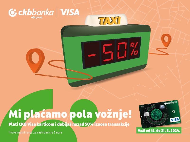 Mi plaćamo pola vožnje: Uštedi 50% na taksi vožnju uz CKB Visa karticu!