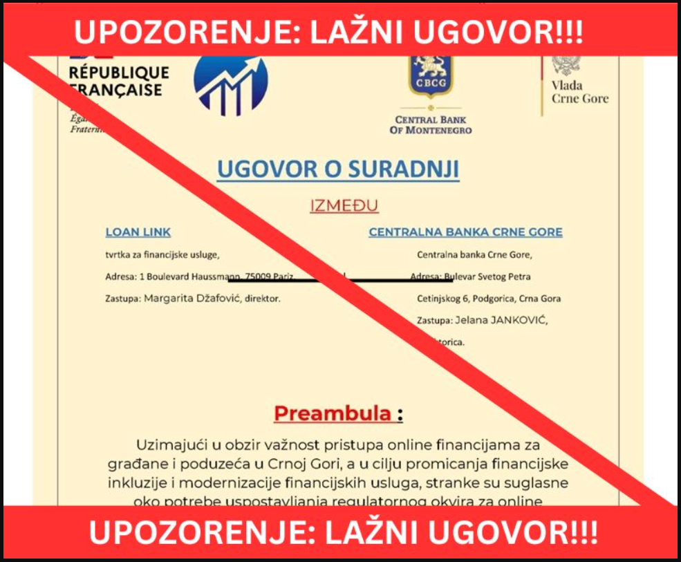 CBCG upozorava na lažne ponude kreditnih institucija bez licence CBCG